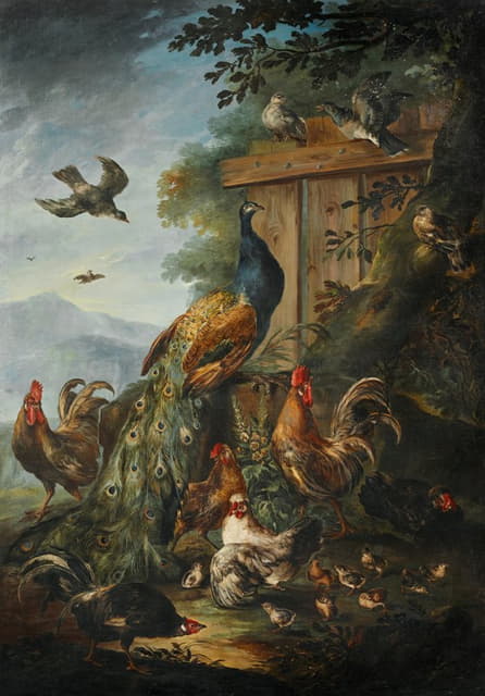 Giovanni Crivelli - A peacock, cocks, hens and other birds, with a landscape beyond