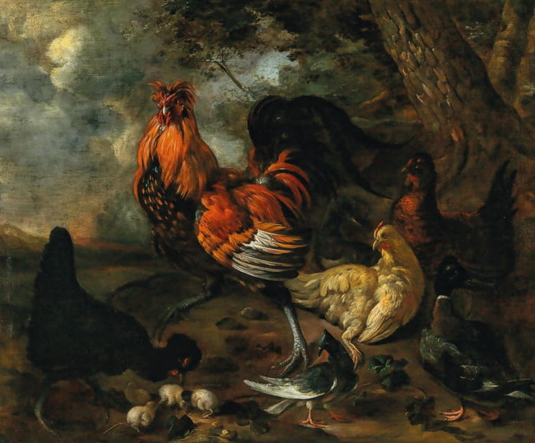 Jacobus Victors - A cockerel, fowl and poultry in a landscape