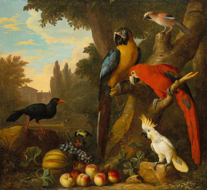 两只金刚鹦鹉、一只凤头鹦鹉、一只红嘴嘴袋鼠和其他鸟类在一片有水果的风景中
