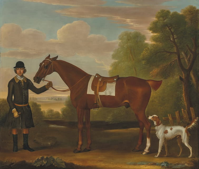 波特莫尔勋爵的《Snap》，一个马鞍上的栗子猎人，由新郎牵着，在风景中有一个二传猎手