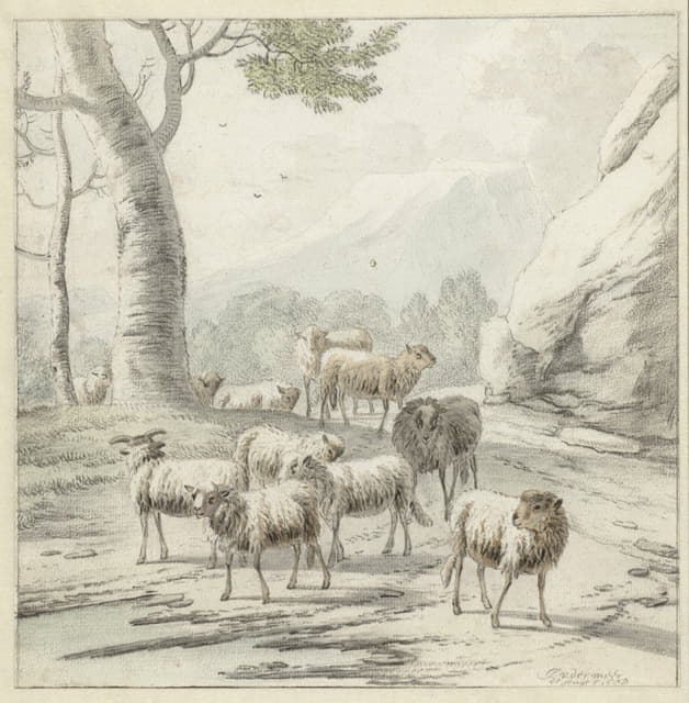 树旁有一群羊的风景
