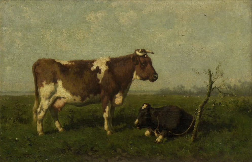 一头母牛和她的小牛在草地上