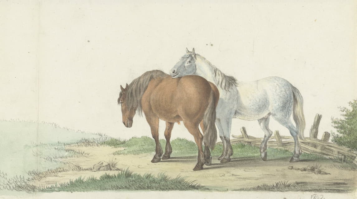 Jean Bernard - Een bruin en wit paard op een weg naast een hek