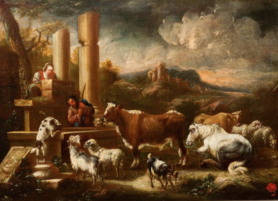 庙宇废墟上的牛群