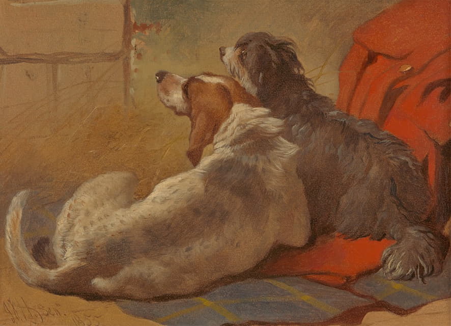 John Frederick Herring Snr. - A Hound and a Bearded Collie seated on a Hunting Coat