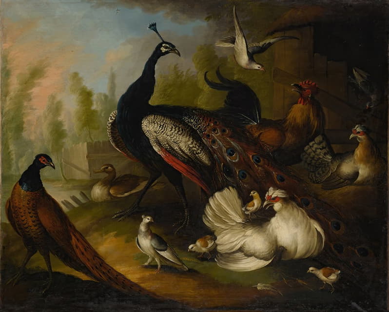 Marmaduke Cradock - An assembly of birds in a parkland setting, including a Peacock, hens and a duck