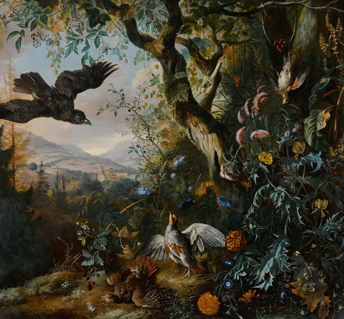 Matthias Withoos - Landscape with drugged Birds in the Flower and Underbrush of the Wood