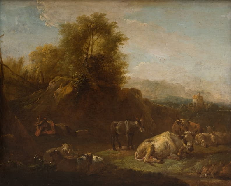 有动物和牧羊人的风景