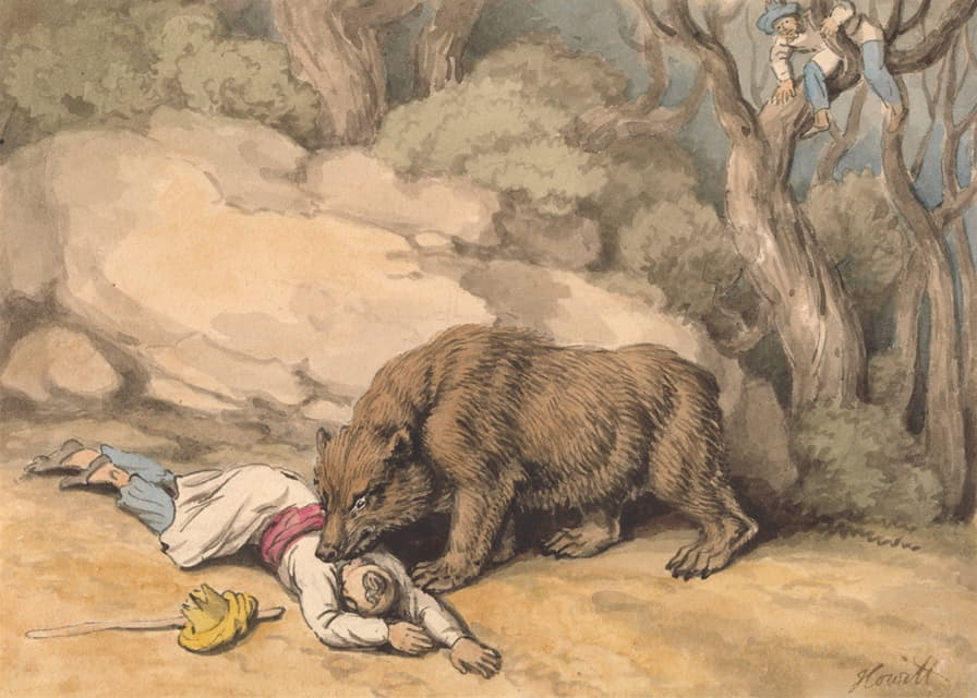 一只熊袭击一个倒下的印第安人