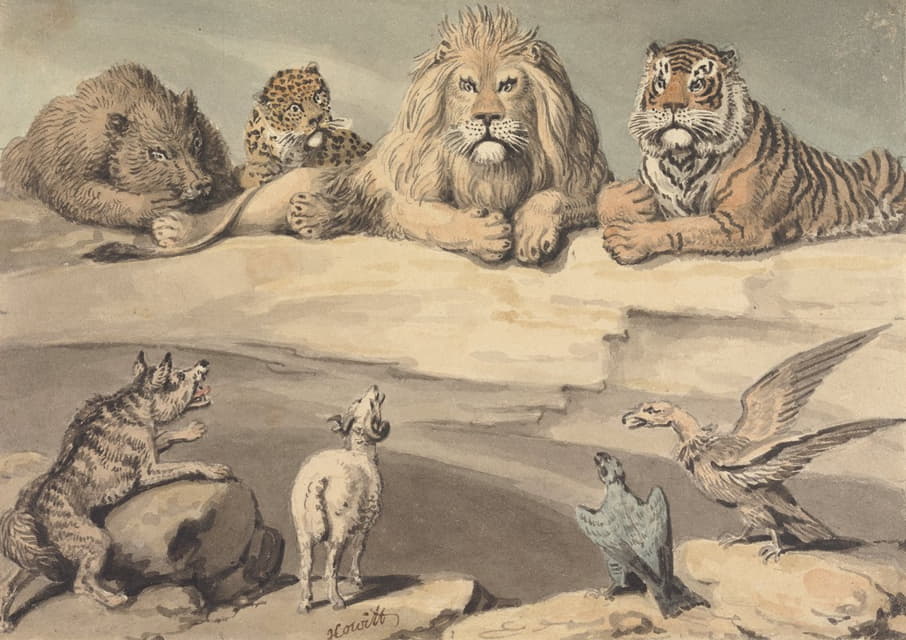 一头野猪、一只豹子、一头狮子、一只老虎、一只狼、一只公羊和两只老鹰