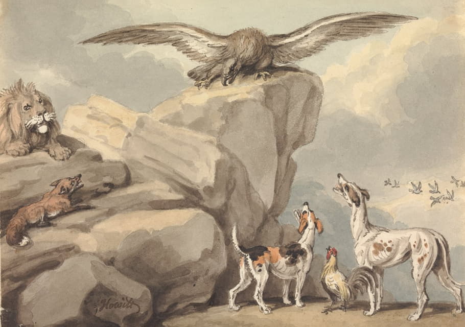 栖息在岩石上的鹰；狮子、狐狸、两只猎犬和一只公鸡