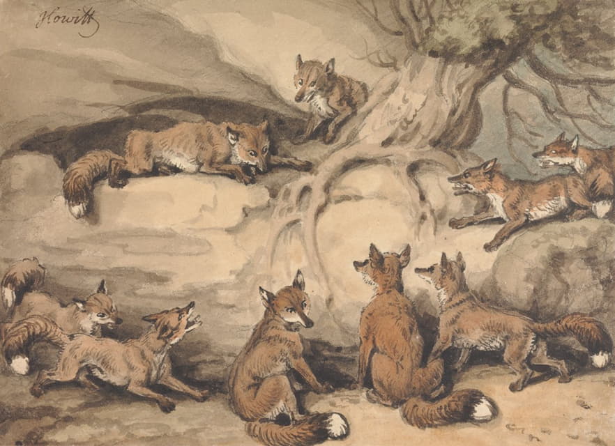 九只狐狸围着一棵树；伊索寓言《失去尾巴的狐狸》的插图