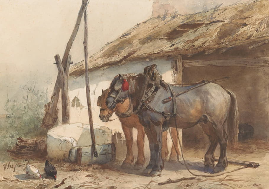 Wouterus Verschuur - Twee paarden staand voor een stal