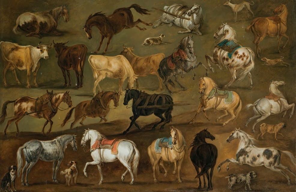 Adam Frans van der Meulen - Studies of horses, cows and dogs