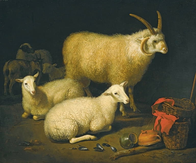 谷仓内部有一只四角的公羊、四只母羊和一只山羊，右边有一个篮子的静物和翻过来的罐子