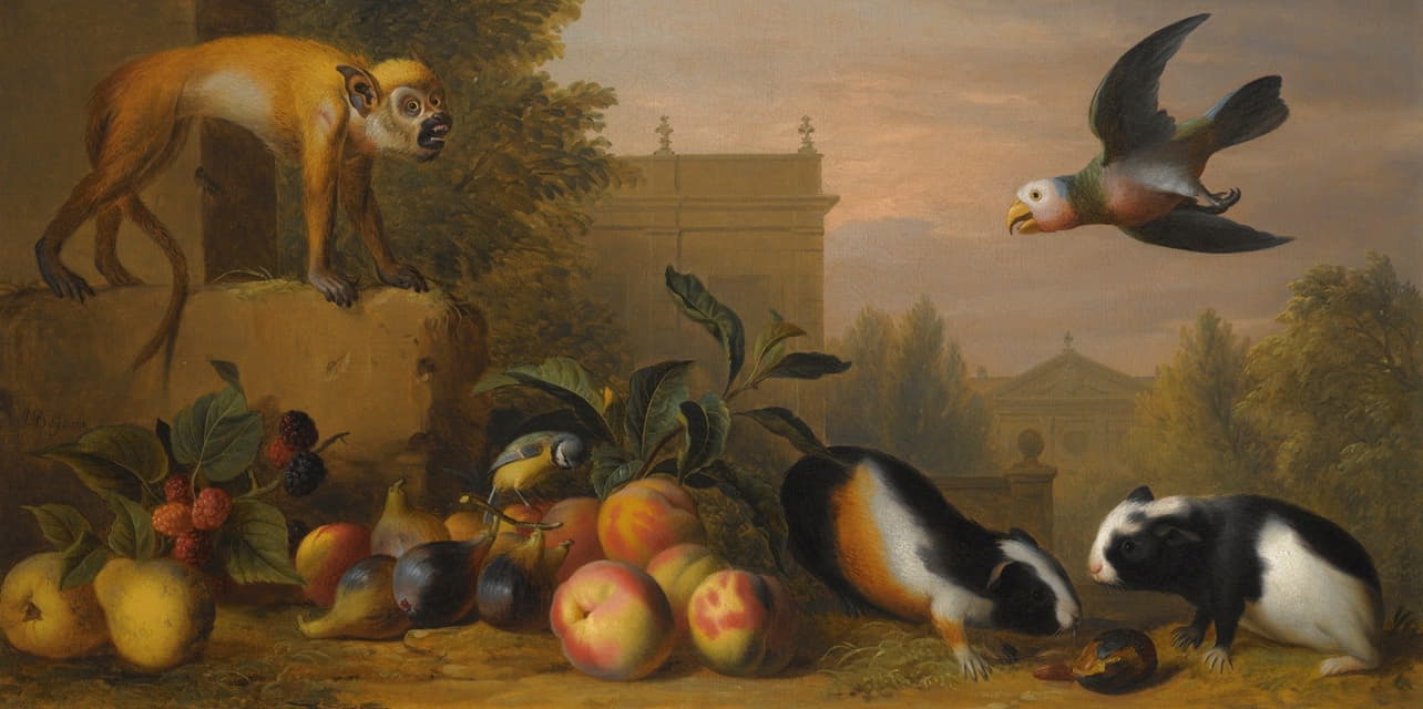 Jakob Bogdány - An Extensive Landscape With A Capuchin Squirrel Monkey, Two Guinea Pigs, A Blue Tit And An Amazon St. Vincent Parrot