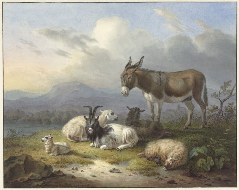Dirk van Oosterhoudt - Landschap met ezel, geit en schapen