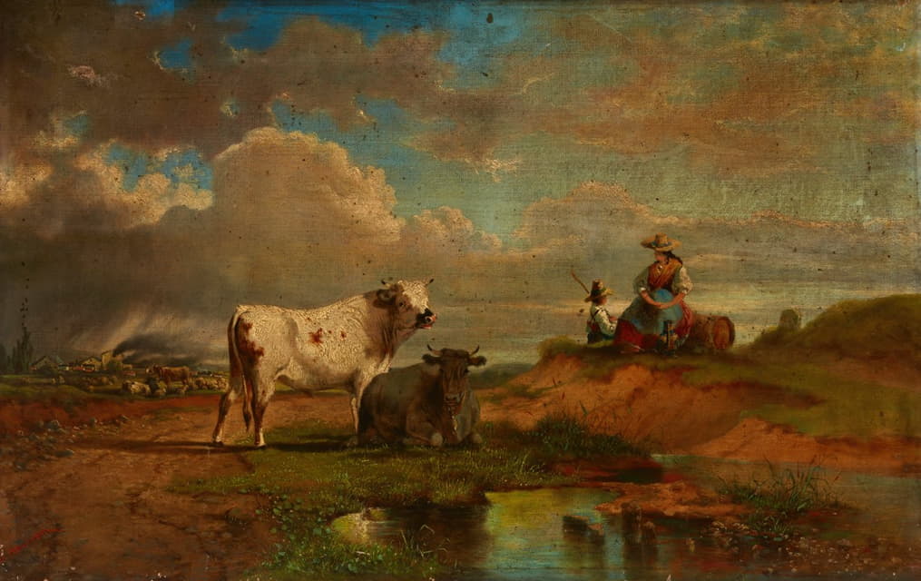 有牧羊女和牛群的风景