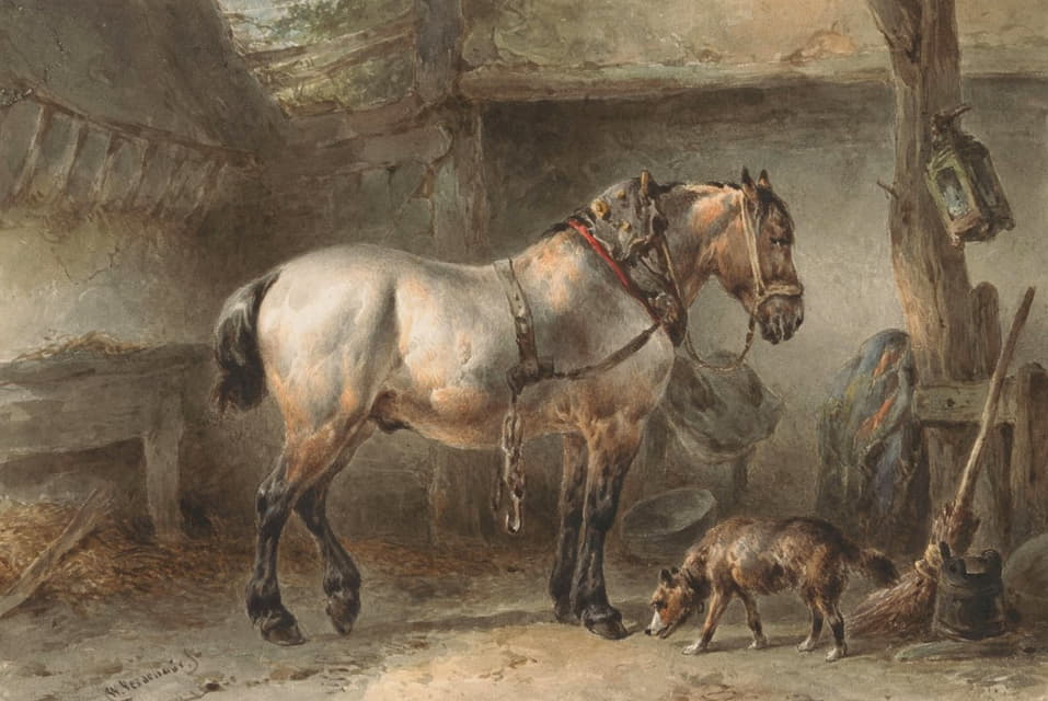 Wouterus Verschuur - Paard en hond in een stal