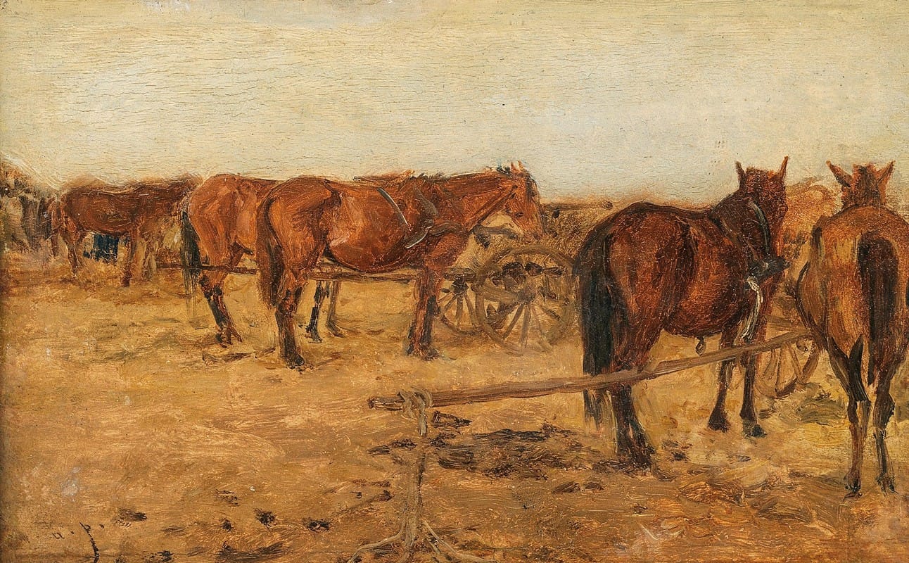 August von Pettenkofen - Ausgespannte Pferde und Wagen
