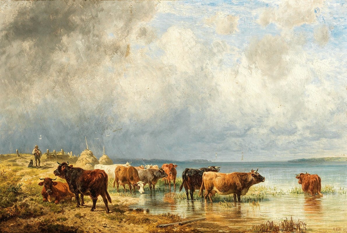 Friedrich Voltz - Herde mit Schafen am See