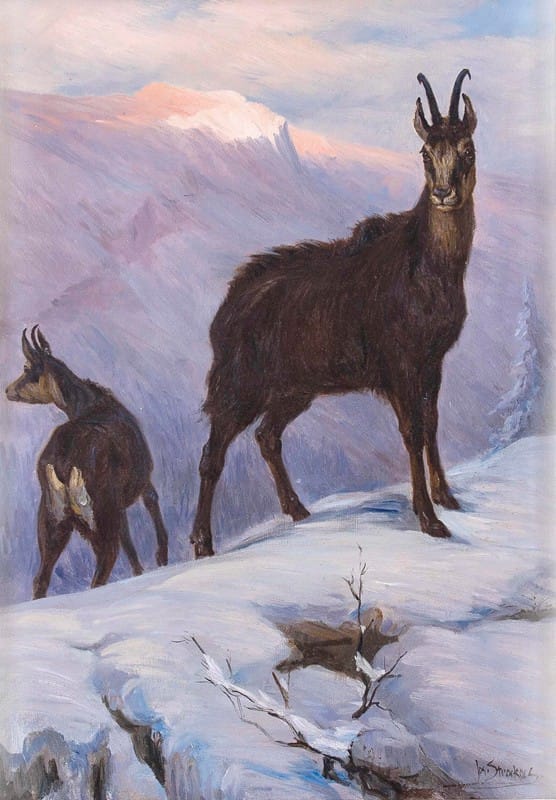 Josef Straka - Zwei Gämsen im winterlichen Hochgebirge