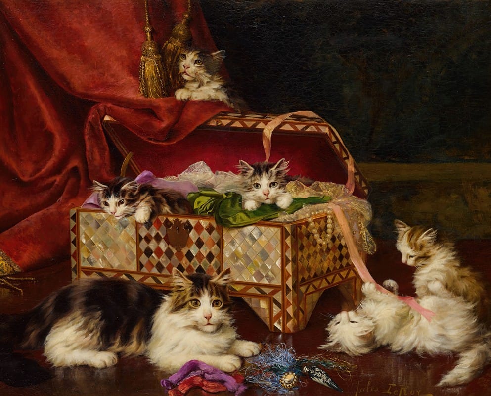 Jules Leroy - Kittens in Sewing Basket