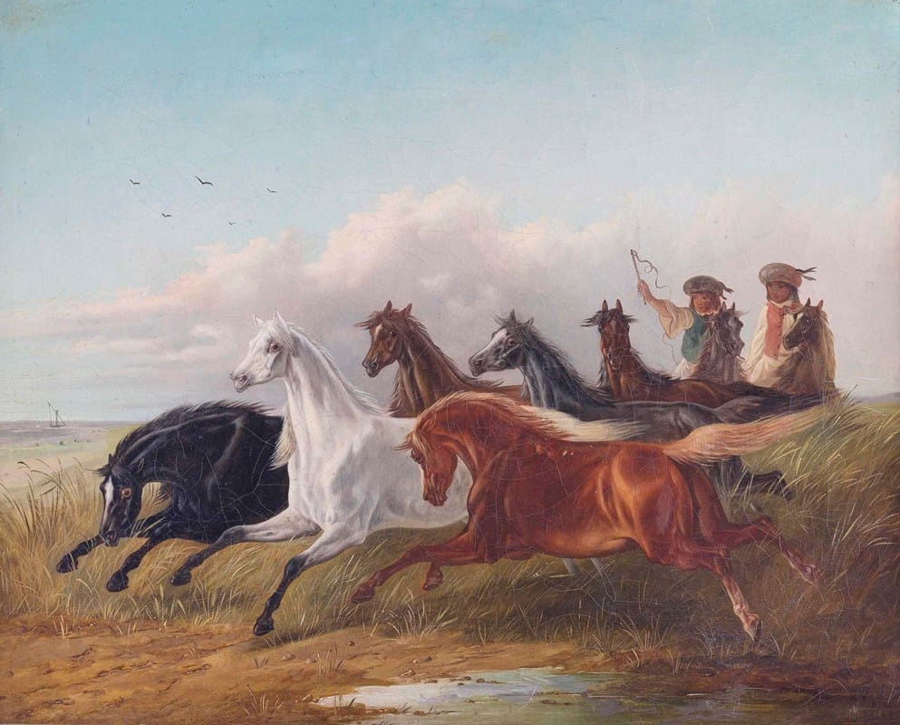 Ludwig Kübler - Zwei junge ungarische Reiter treiben Wildpferde in der Puszta vor sich her