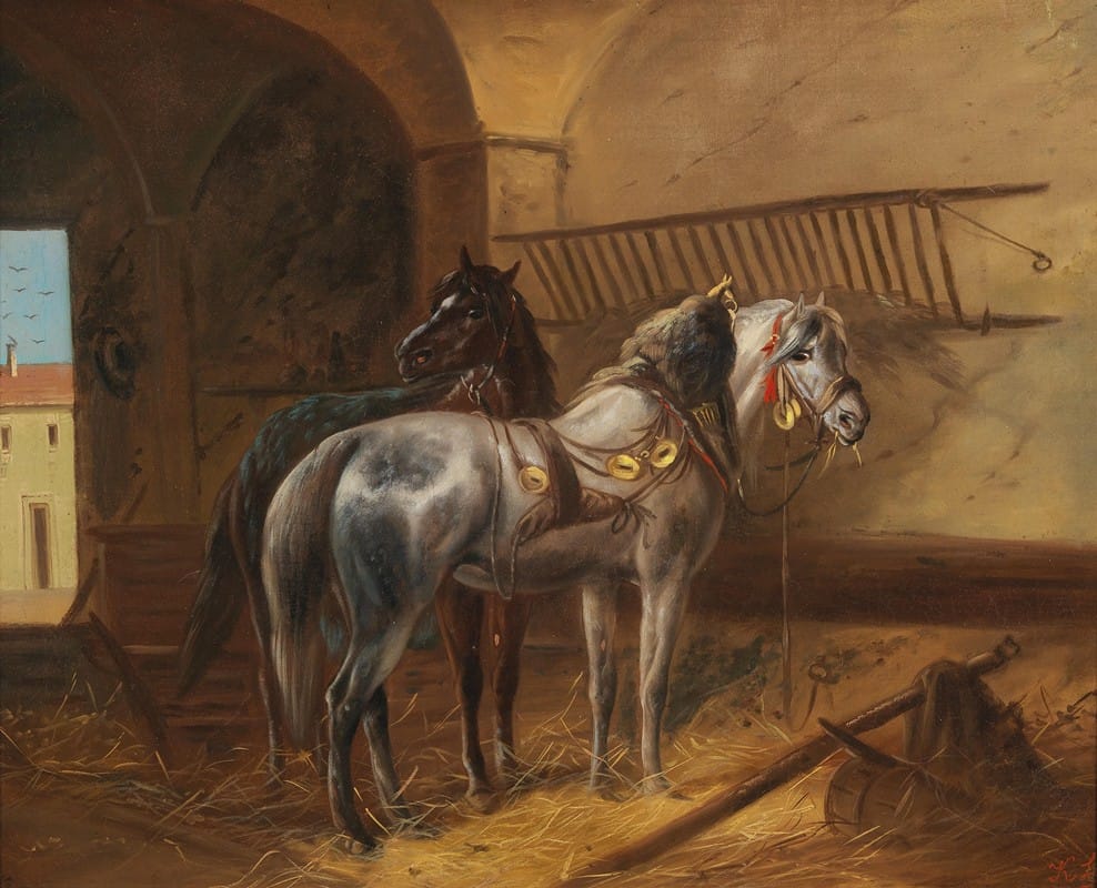 Ludwig Kübler - Zwei Pferde im Stall