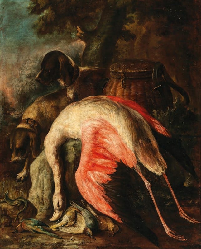 Baldassarre De Caro - Hunting dogs with a flamingo and other game in a landscape