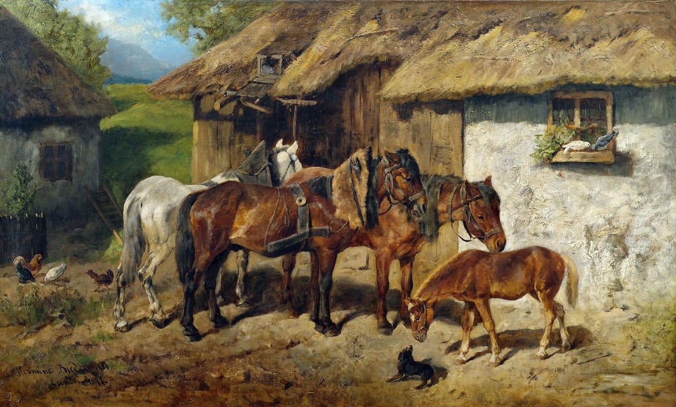 Hermine Biedermann-Arendts - Angeschirrte Pferde am Stallgebäude