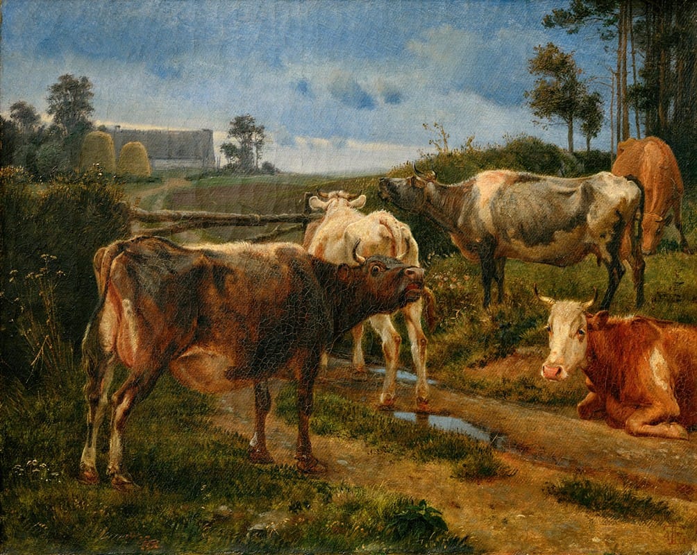 Johan Thomas Lundbye - Bellowing cows by the fence gate