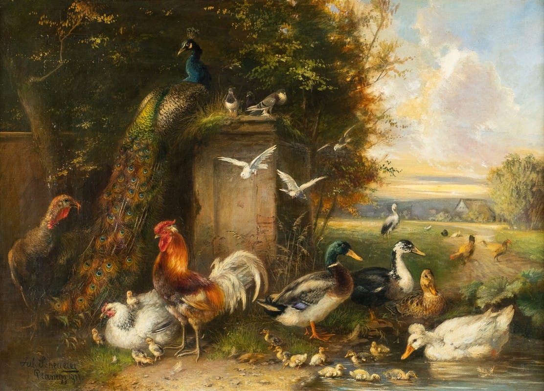 Julius Scheuerer - Poultry with chicken, ducks and peacock