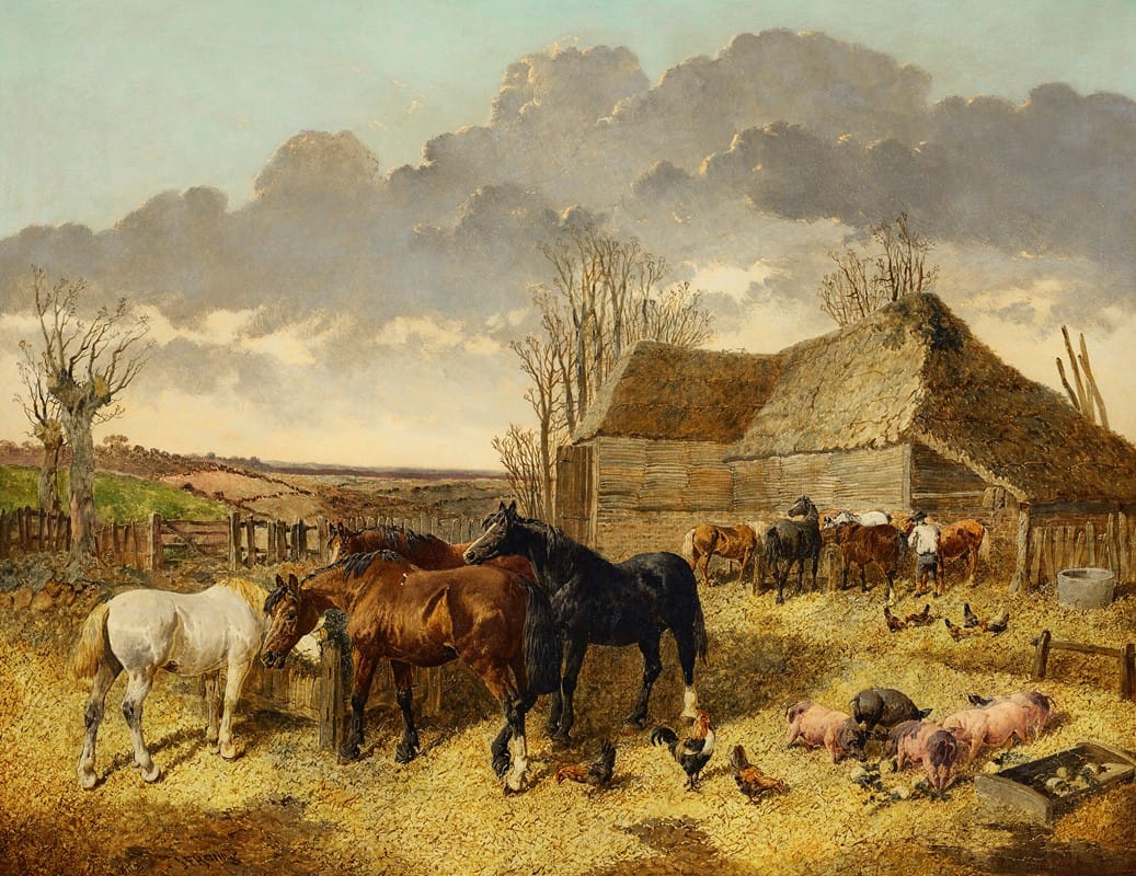 John Frederick Herring Jr. - Horses Eating from a Manger with Pigs and Chickens in a Farmyard