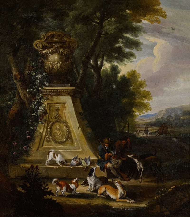 Hunting scene in a wooded park land with a pair of hunters and their hounds beside a sculptural plinth