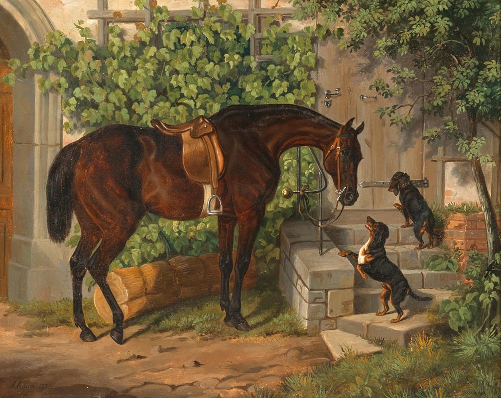 A Saddled Bay Horse and Curious Dachshunds