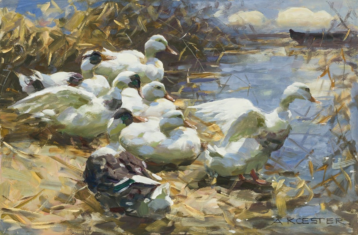 Sieben Enten am Ufer