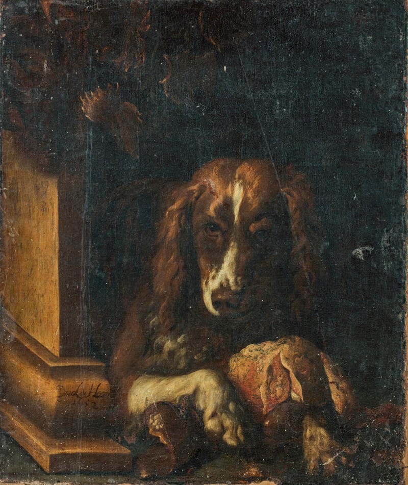Dirck De Horn - A Spaniel with a large bone of meat