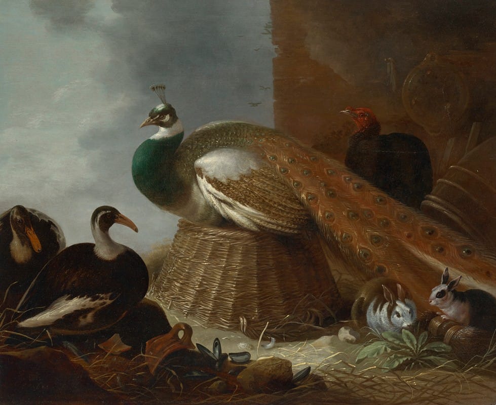A peacock, a pair of ducks, rabbits and a turkey in a landscape