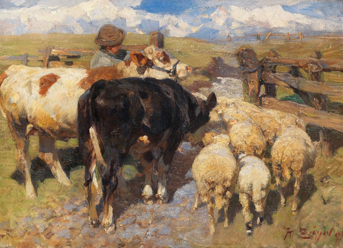 Kühe und Schafe am Gatter
