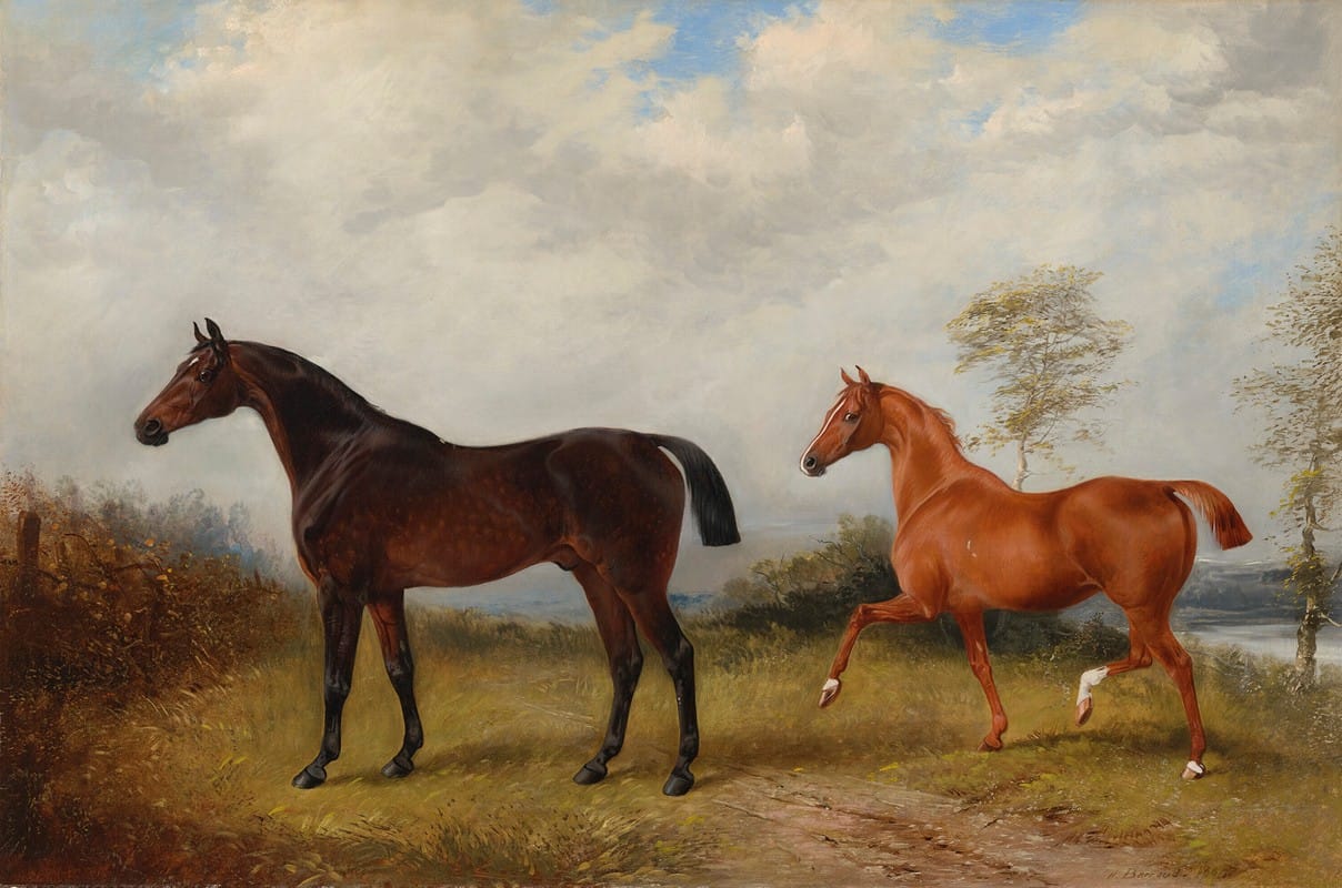 A bay and a chestnut hunter in a wooded landscape
