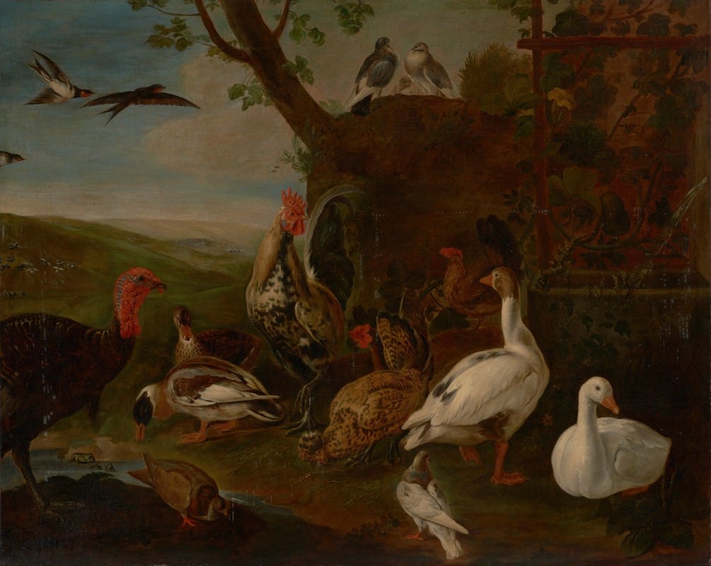 A turkey, a rooster, chickens, geese, ducks, pigeons and doves by a well in a landscape