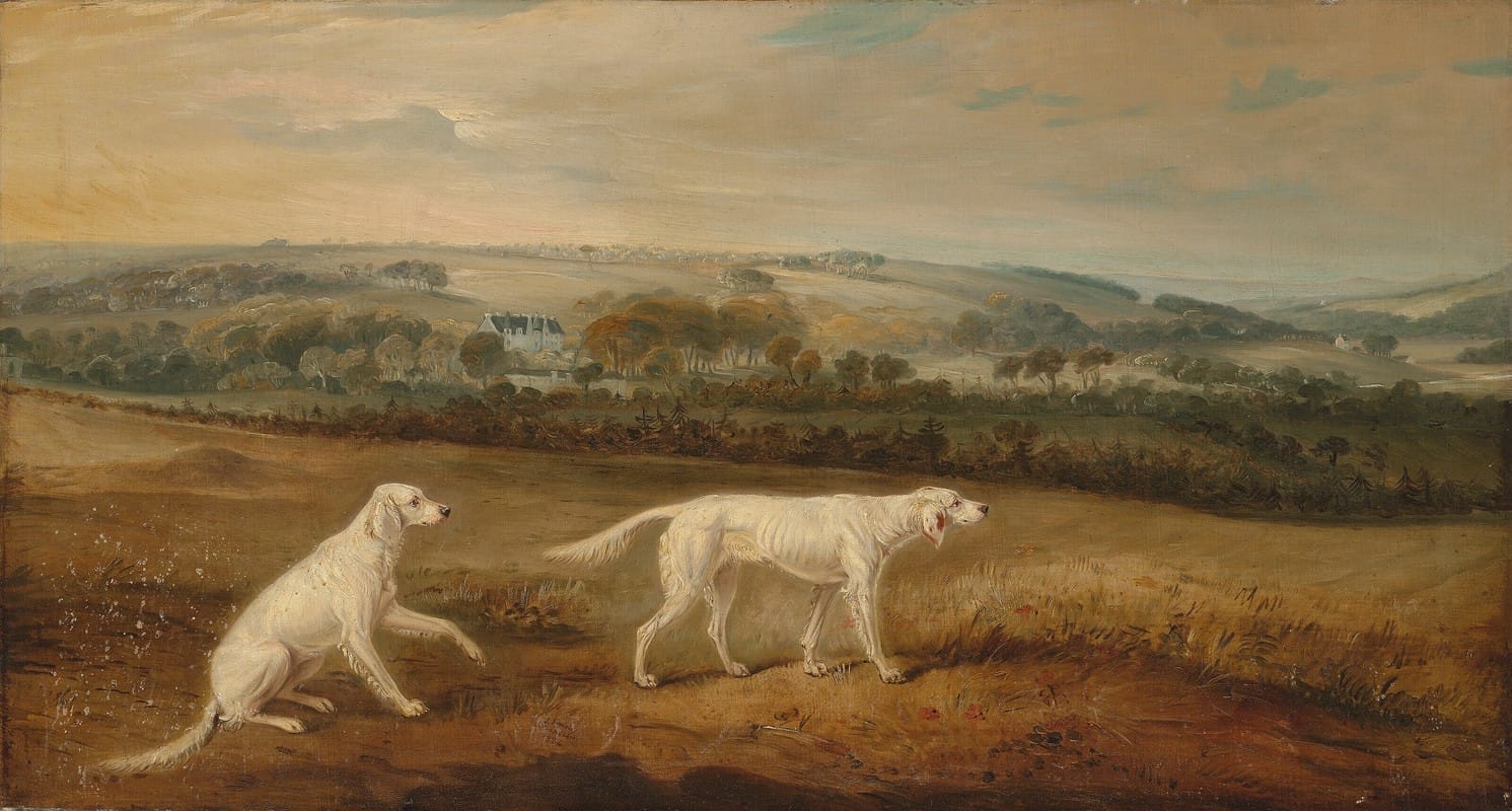 John Ferneley - Blush and Juno, English Setters in an extensive landscape