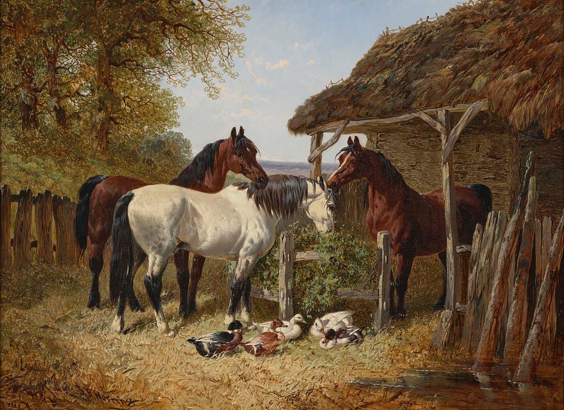 John Frederick Herring Jr. - Horses and ducks in a farmyard