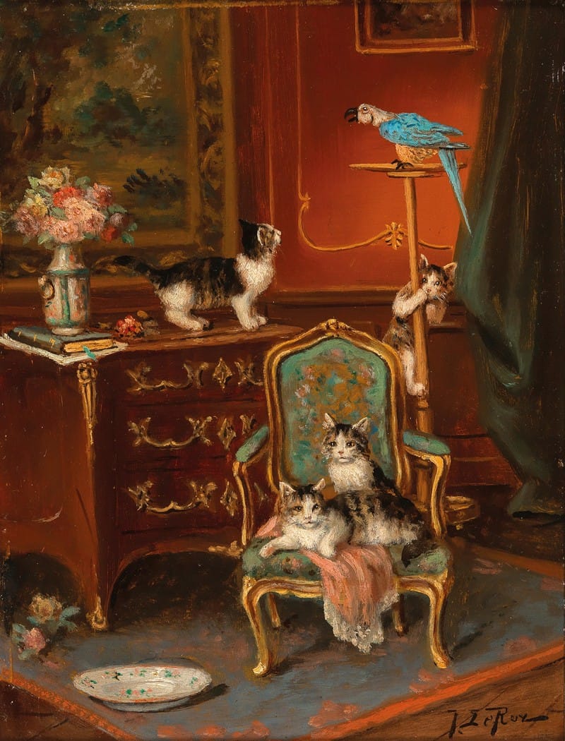 Jules Le Roy - Cats Playing with a Parrot
