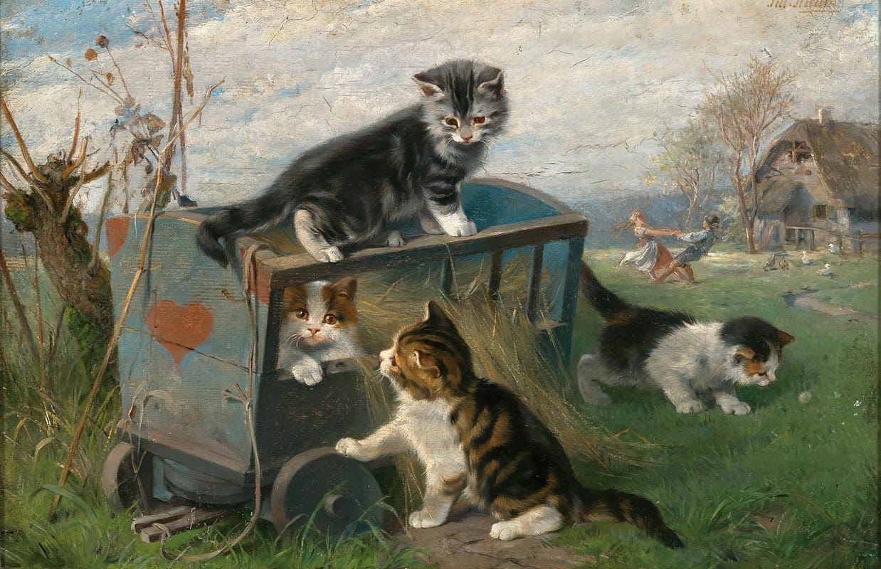 Julius Adam the younger - Kittens Playing on a Cart in the Meadow