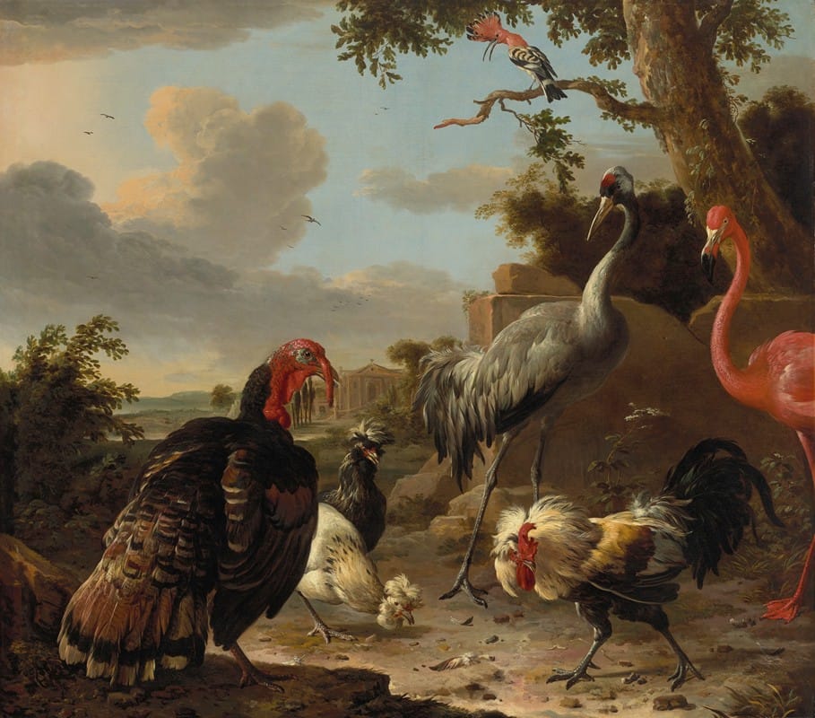 A sarus crane, a flamingo, a wild bronze turkey cock, two Paduan fowl, a silver birchen game cockerel, and a hoopoe in a landscape