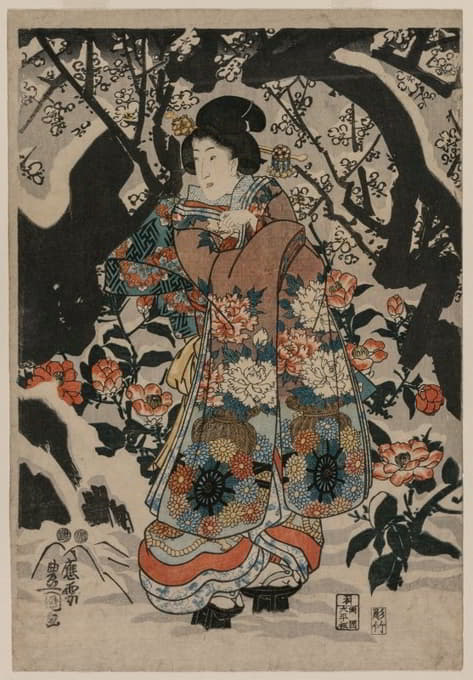 Utagawa Kunisada (Toyokuni III) - Woman Standing Beside a Plum Tree