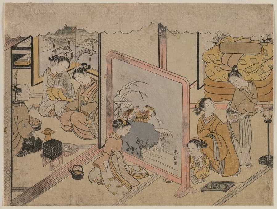 Suzuki Harunobu - Drinking a Cup of Wine Before Retiring for Bed (From an Untitled Series)