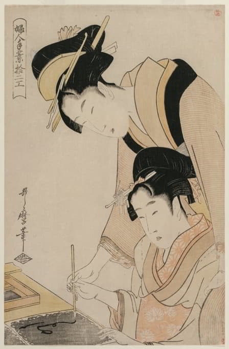 Kitagawa Utamaro - Mother Teaching her Daughter Calligraphy, from the series, Twelve Occupations of Women
